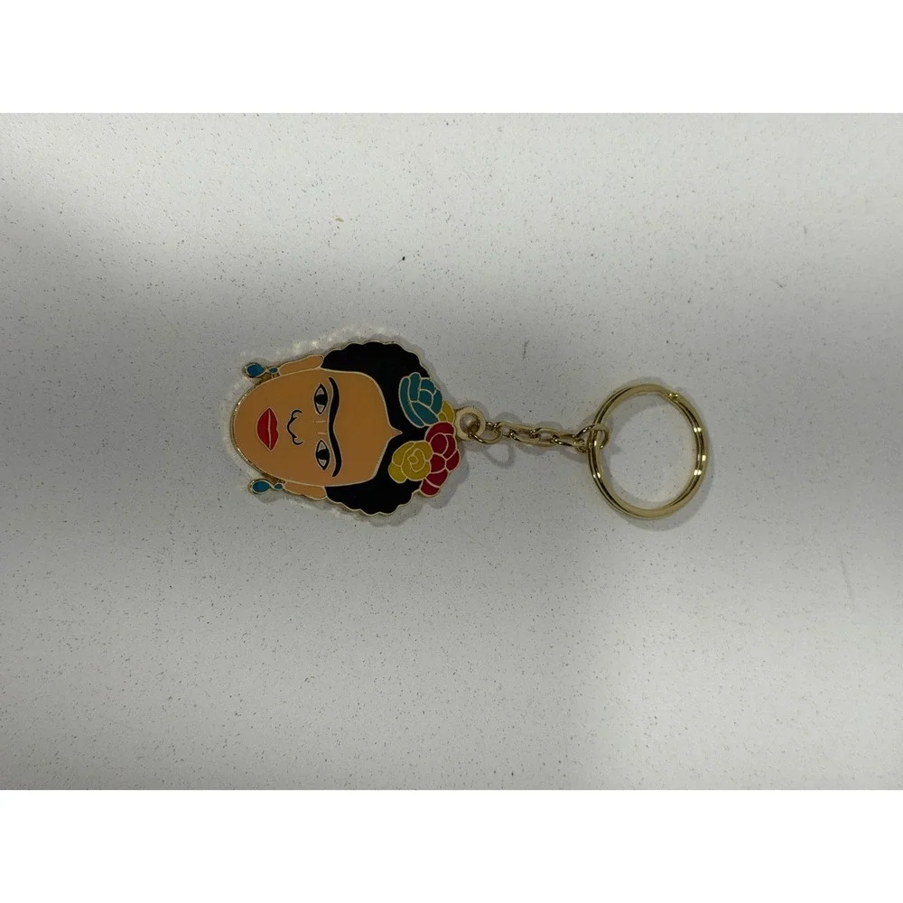 Frida Kahlo Enamel Portrait Keychain Gold Tone Floral Crown Art Accessory